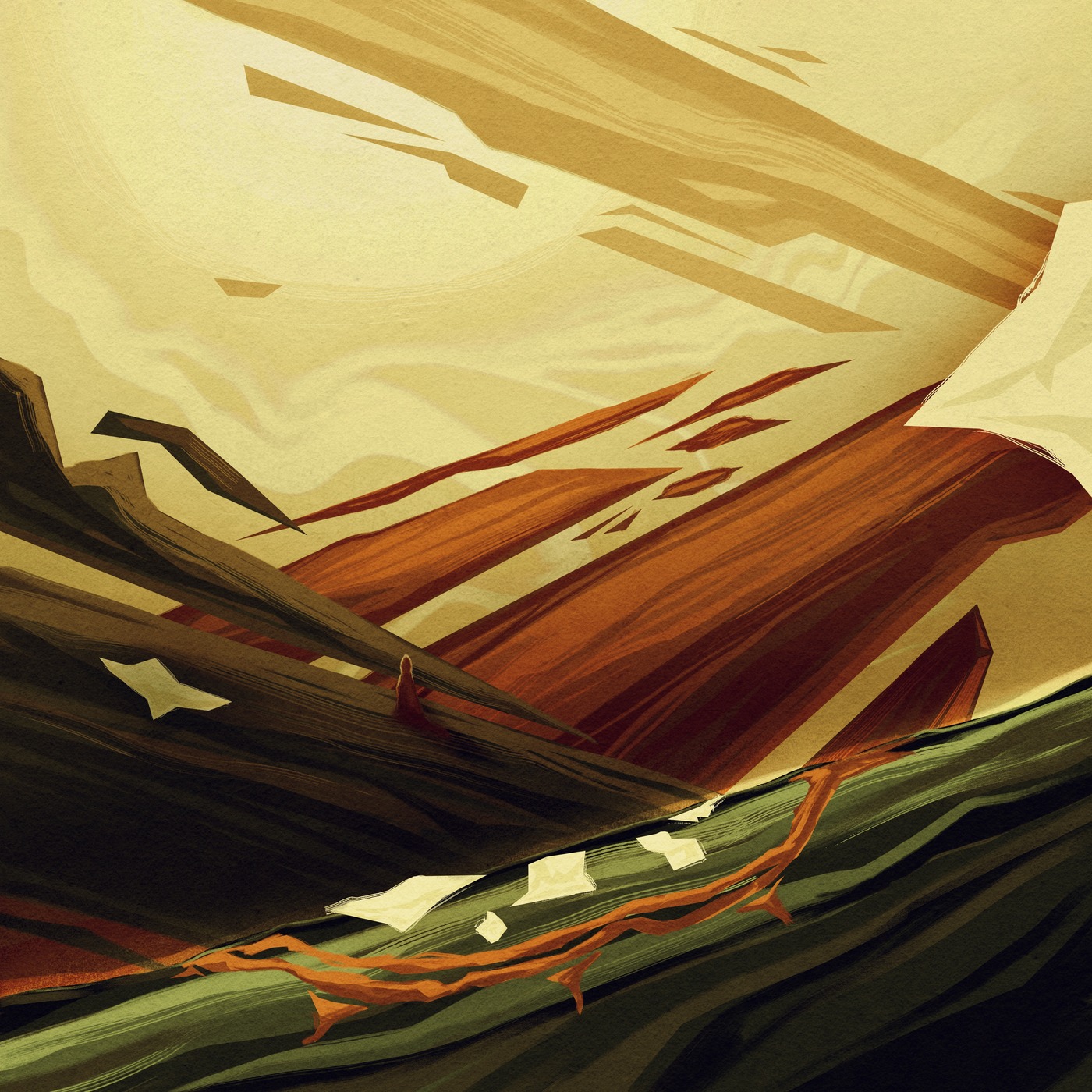 ANODOS album artwork: a small figure amid angular golden, orange and dark green landscapes