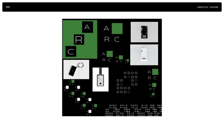 ARC graphic system with square motifs, stacked letters and green accents